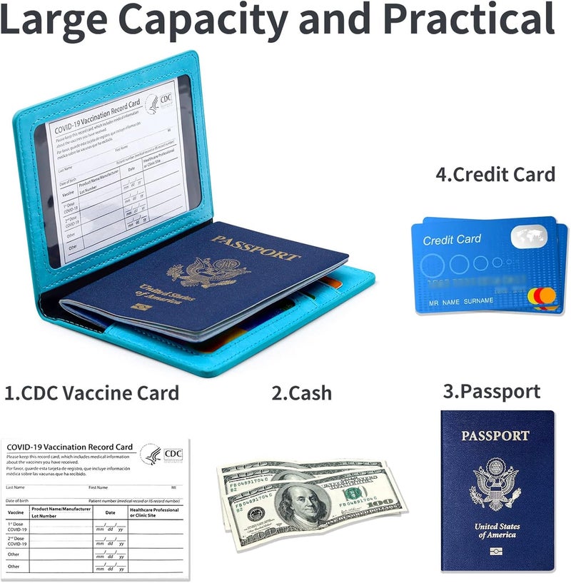 KAOBAN Passport Holder Cover Wallet Case RFID Blocking Leather Card Slot Travel Accessories Documents Organizer Protector for Women Men, Sky Blue - Image 3